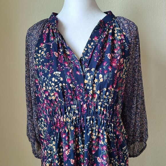 Umgee Floral‎ Boho Dress Small Tall Metallic Sheer Balloon Sleeves Pleats - Picture 5 of 12